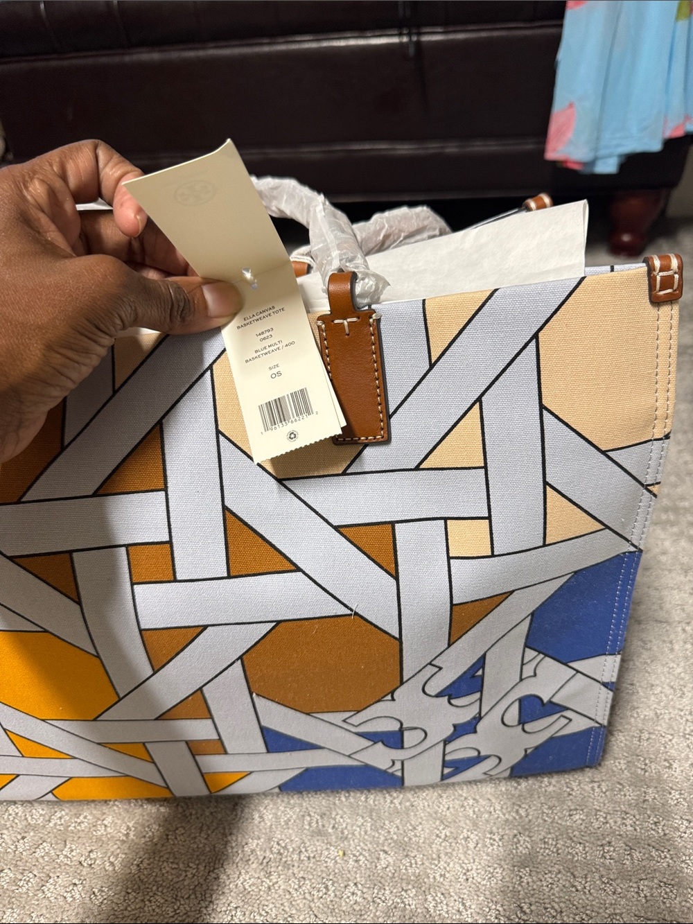 Tory Burch Geometric Canvas Tote in Blue, Mustard & Beige